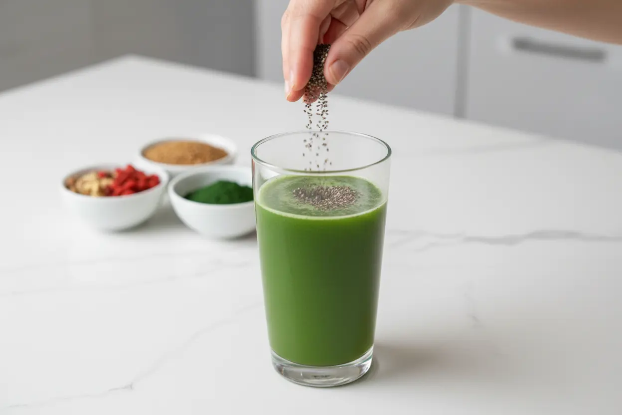 Mãos adicionando chia a um suco verde para potencializar os benefícios