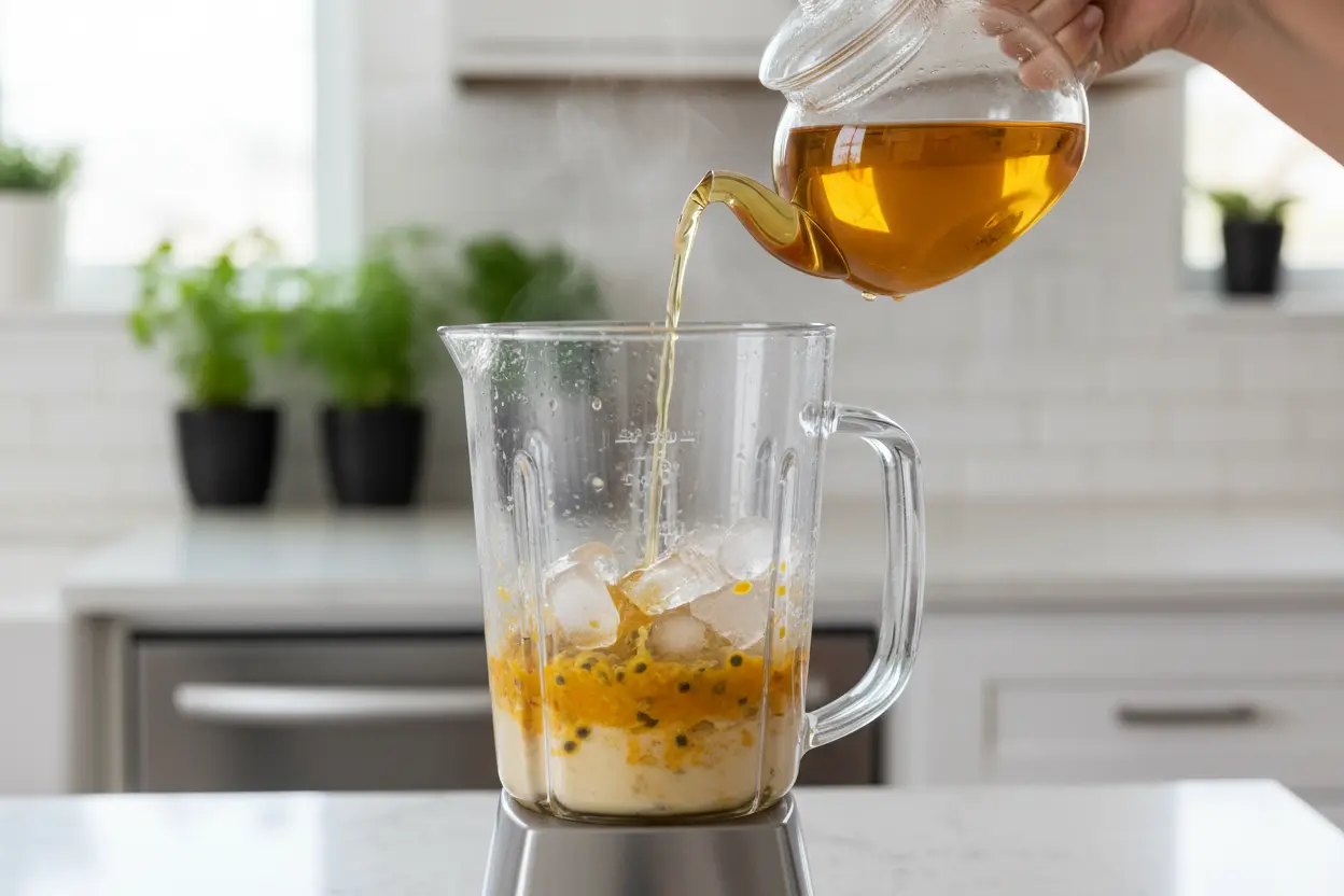 Mãos preparando suco de maracujá e camomila em um liquidificador.