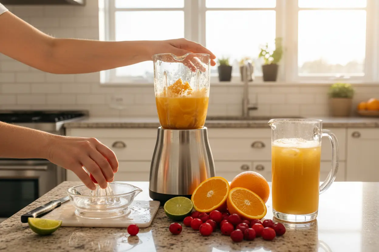 Preparando Suco de Acerola e Laranja Mãos preparando suco de acerola com laranja em cozinha