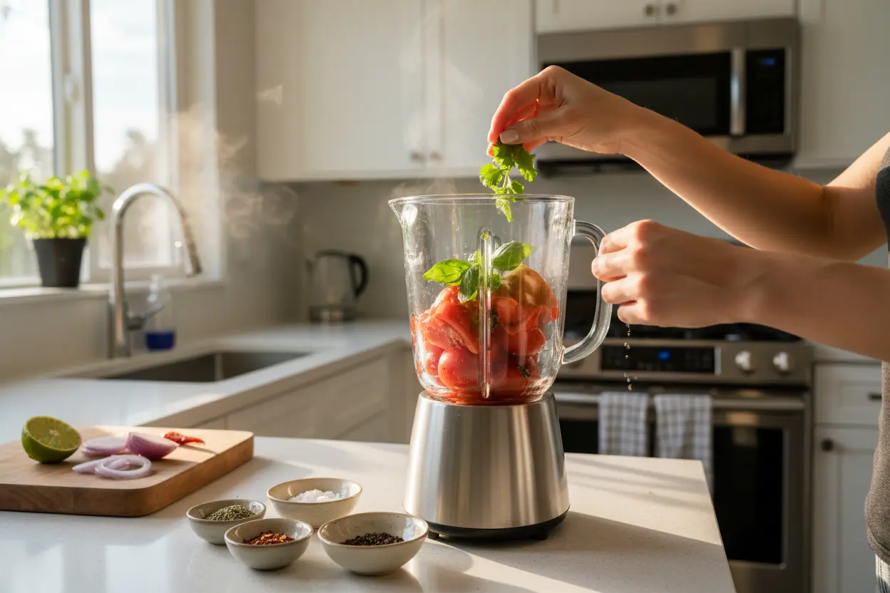 Preparando Suco de Tomate Temperado Pessoas preparando suco de tomate temperado com ingredientes frescos