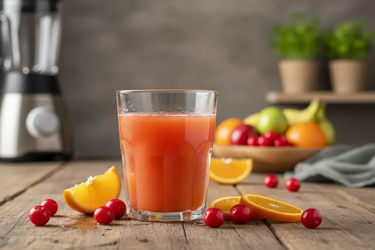 Copo de suco de acerola com laranja fresco em mesa de madeira