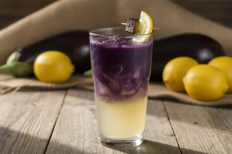 Copo de suco de beringela com limão em uma mesa de madeira
