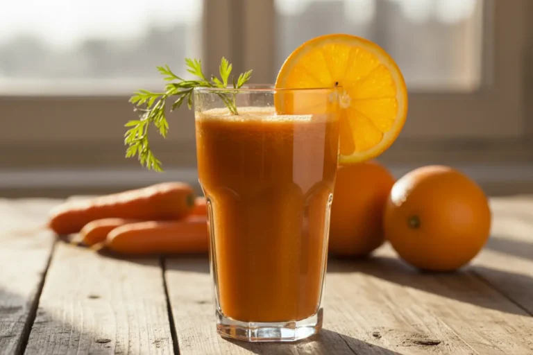 Copo de suco de cenoura e laranja fresco em mesa de madeira.