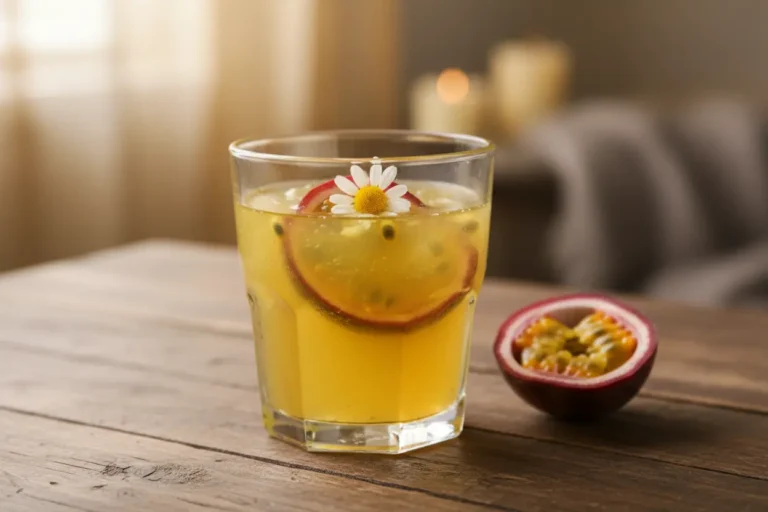 Copo de suco de maracujá com camomila para acalmar, decorado com flor de camomila.