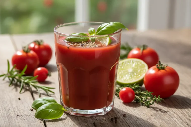 Copo de suco de tomate temperado com manjericão e limão