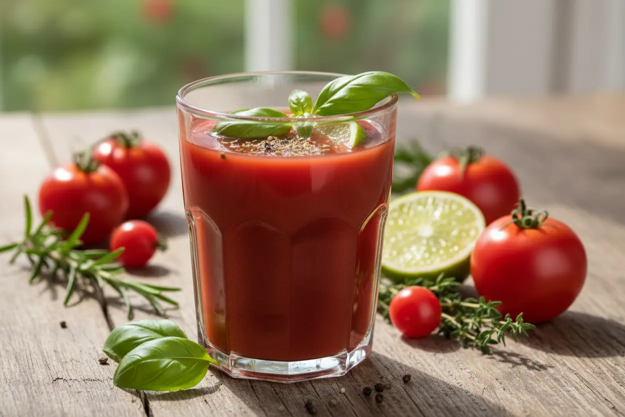 Copo de suco de tomate temperado com manjericão e limão