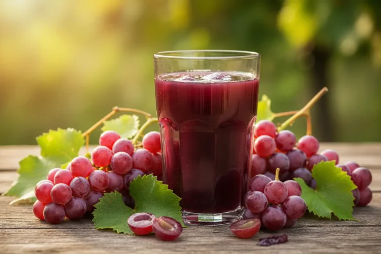 Copo de suco de uva integral com uvas frescas ao lado