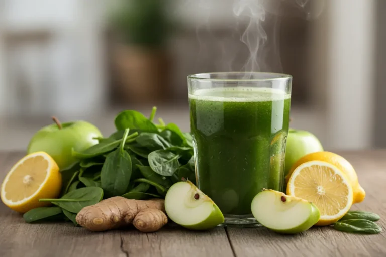 Copo de suco verde com ingredientes frescos ao redor, ideal para energia no treino.