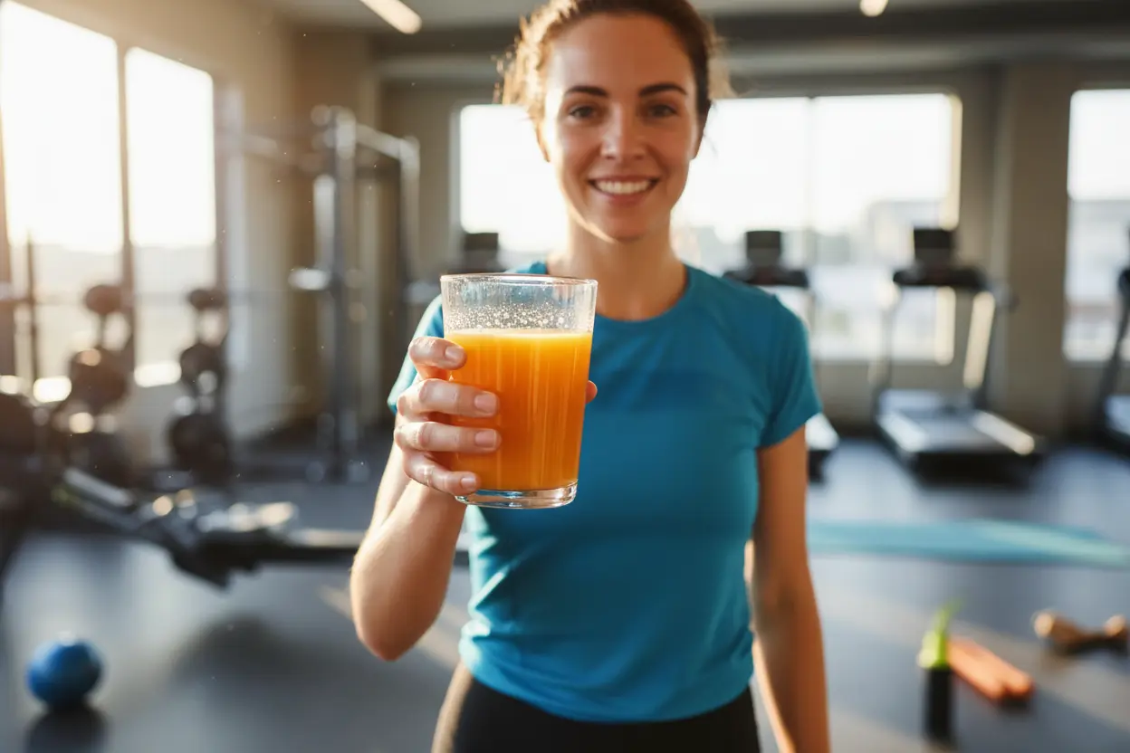 Pessoa sorrindo com suco laranja, o melhor suco para dar energia no treino.