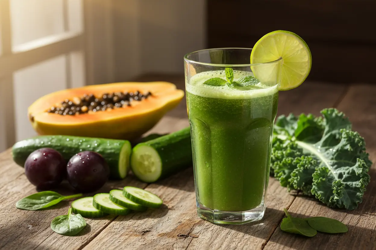 Suco verde refrescante com frutas para digestão