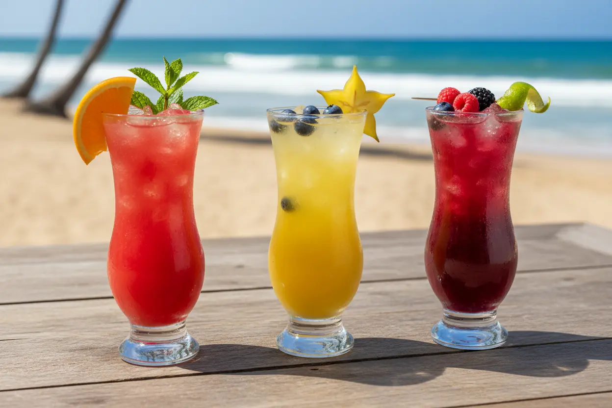 Três copos de sucos refrescantes para o verão com frutas e gelo