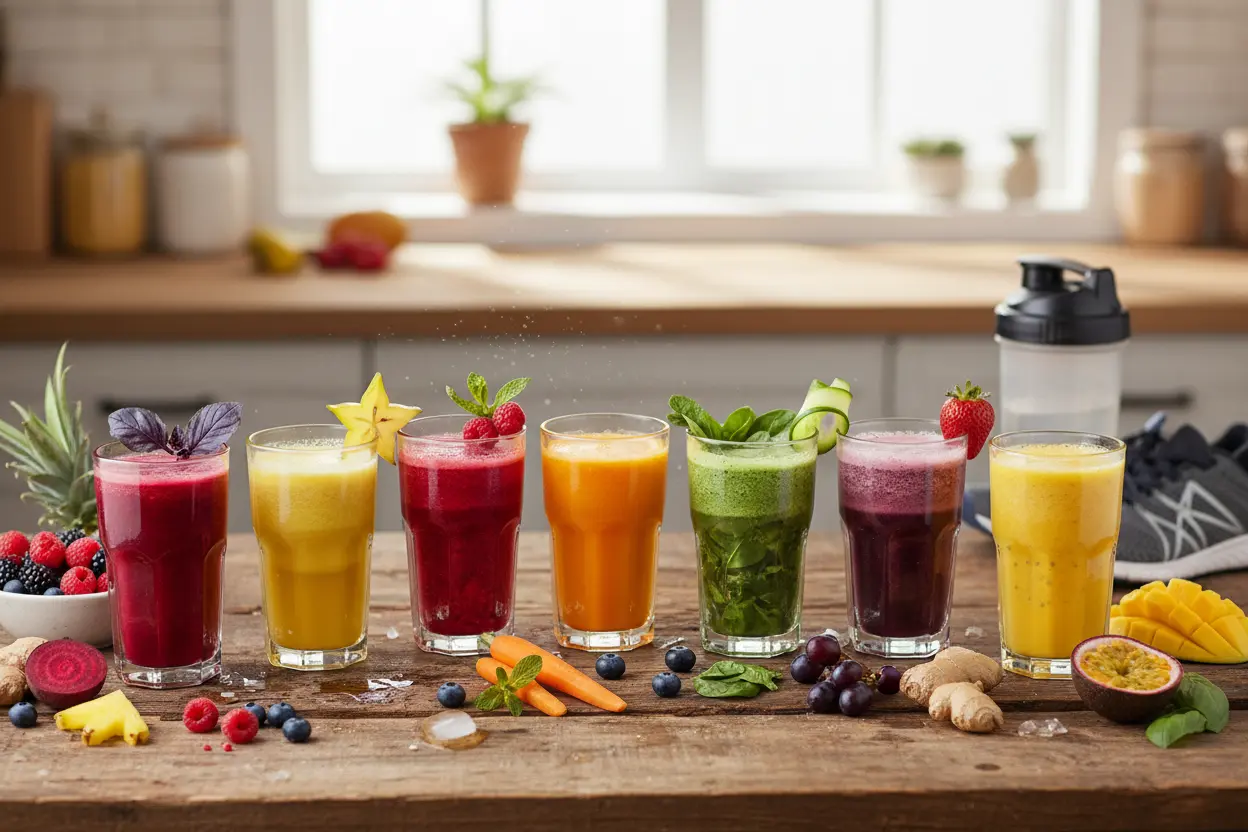 Mesa com vários sucos coloridos e ingredientes frescos para receitas energéticas.