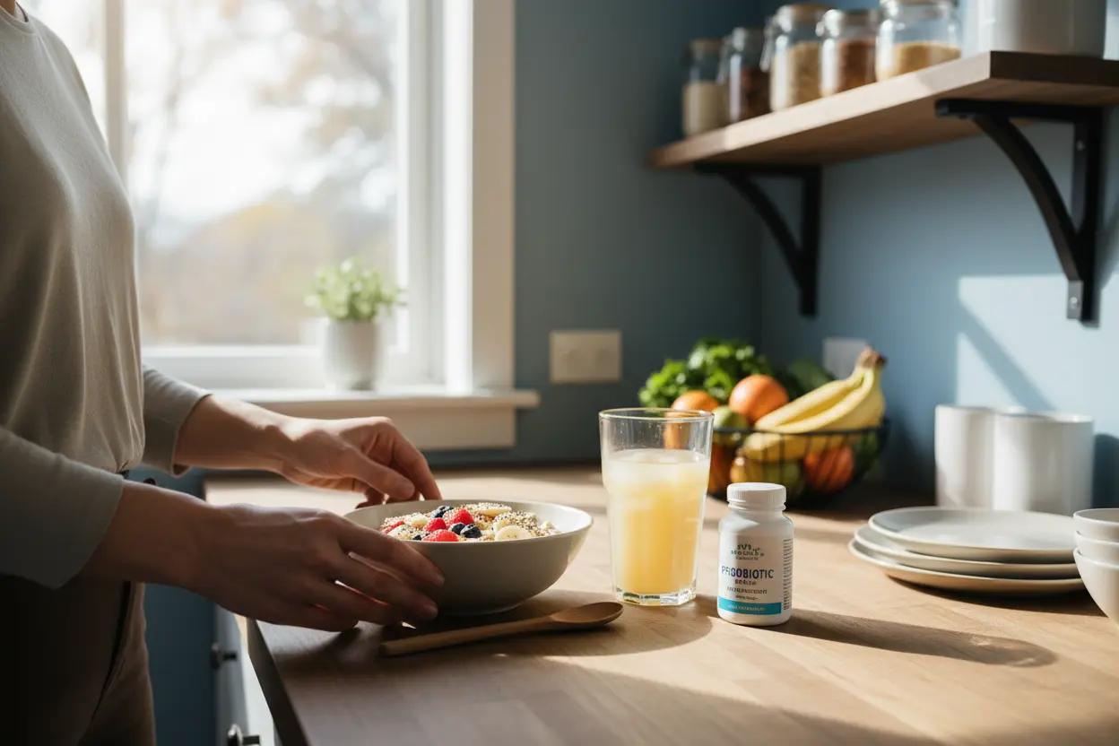 Mesa de café da manhã saudável com suco de laranja e suplementos probióticos.