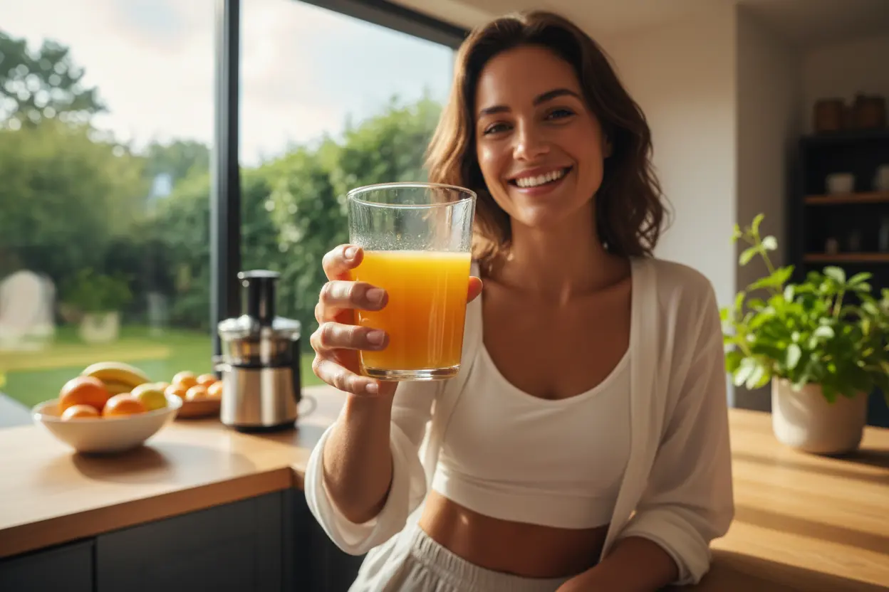 Pessoa sorrindo e bebendo um suco de cenoura com laranja e cúrcuma.