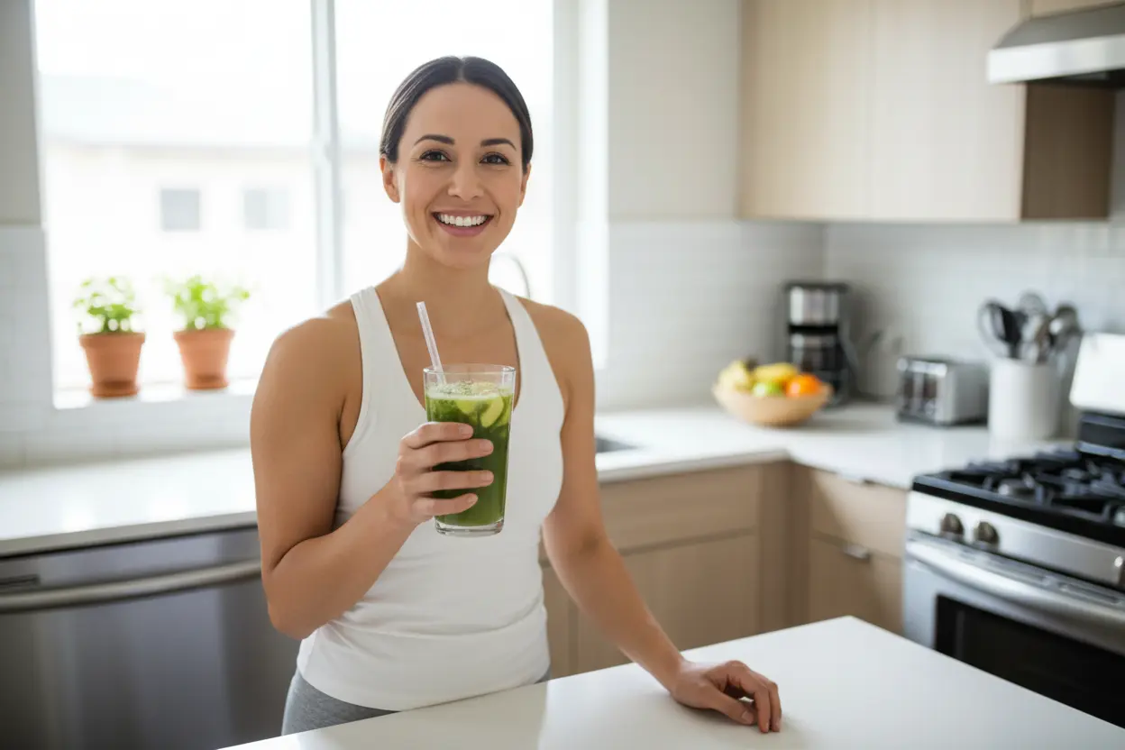 Pessoa sorrindo com um copo de suco verde mais fácil para iniciantes sem amargura.