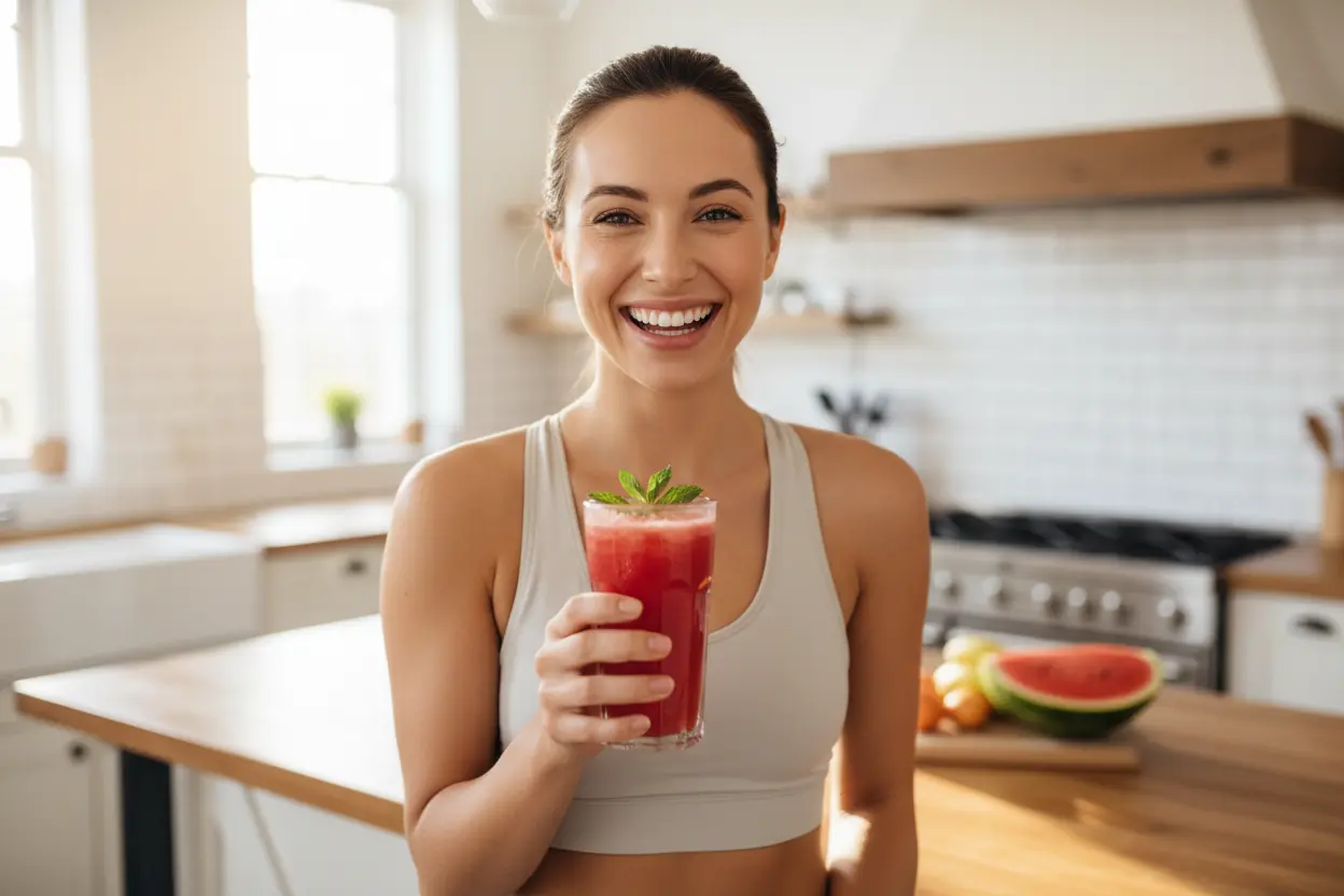 Pessoa bebendo suco de melancia para hidratação