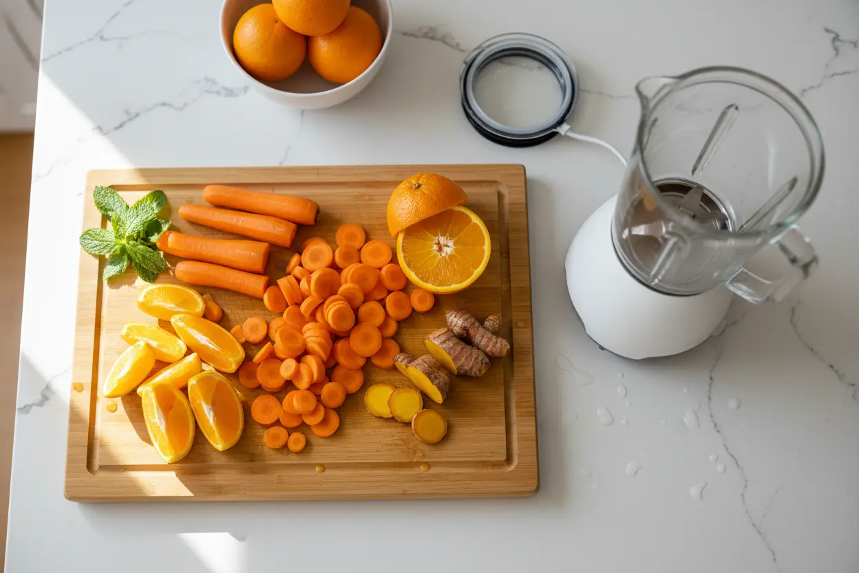 Ingredientes frescos para a receita de suco de cenoura com laranja e cúrcuma.