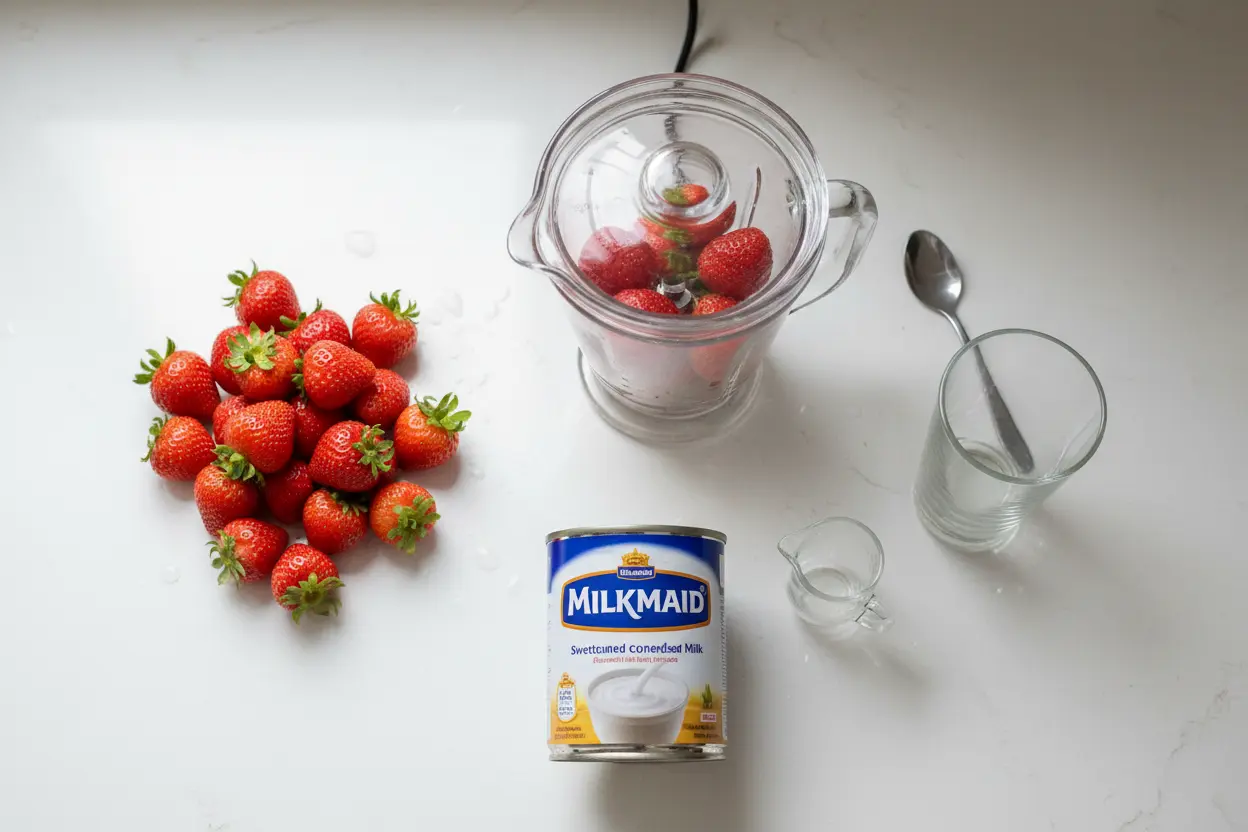 Ingredientes para Suco de Morango Ingredientes para suco de morango e leite condensado.