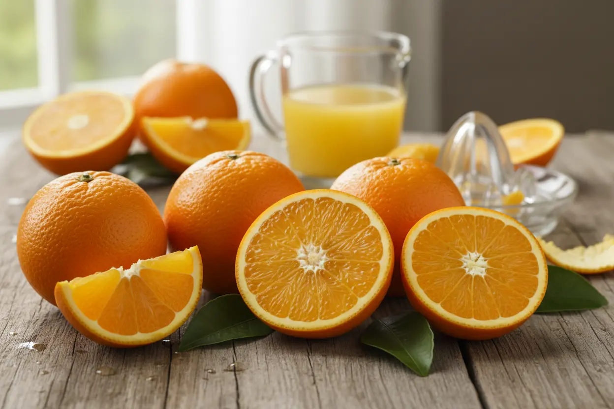 Laranjas frescas e suculentas prontas para fazer suco.