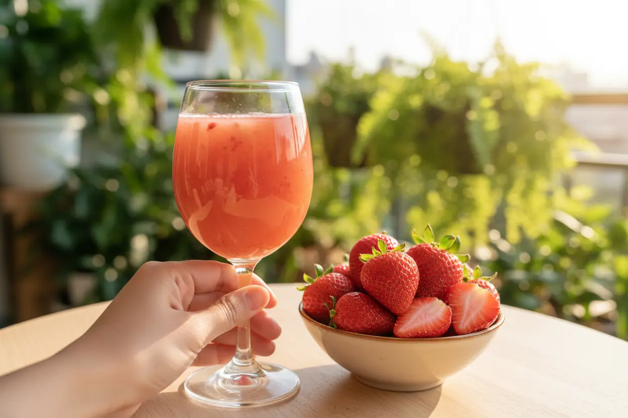 Morango e Bem-Estar Copo de suco de morango saudável com frutas frescas.