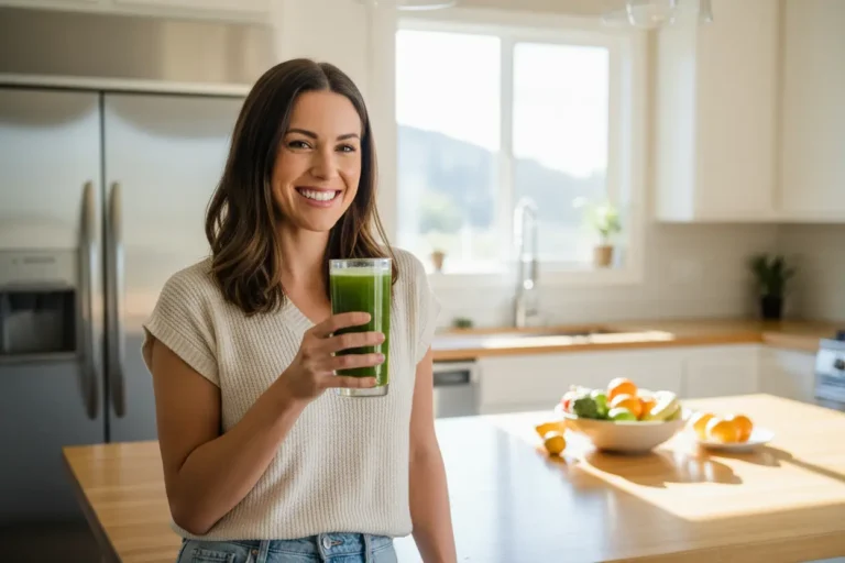Mulher sorrindo com suco de clorofila como preparar