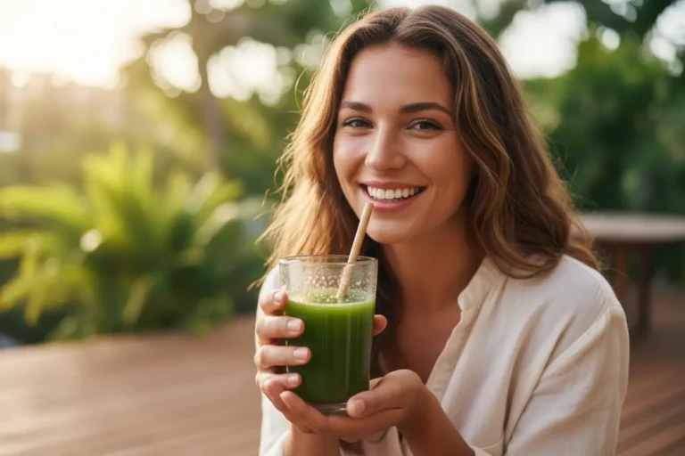 Mulher bebendo suco para quem tem refluxo
