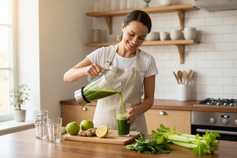 Mulher sorrindo preparando suco detox, parte da sua rotina de sucos detox semanal.