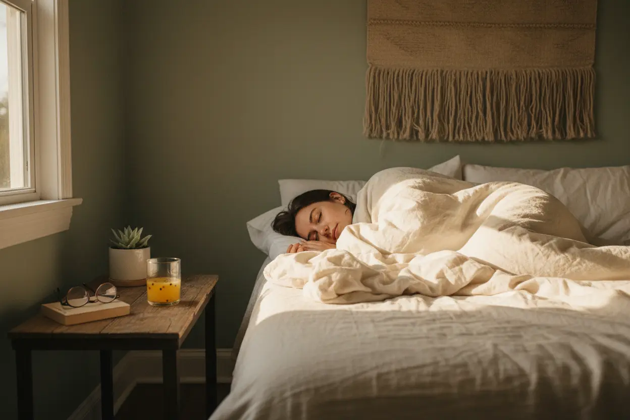 Pessoa dormindo tranquilamente após beber a receita de suco para dormir melhor com maracujá, em um quarto aconchegante.