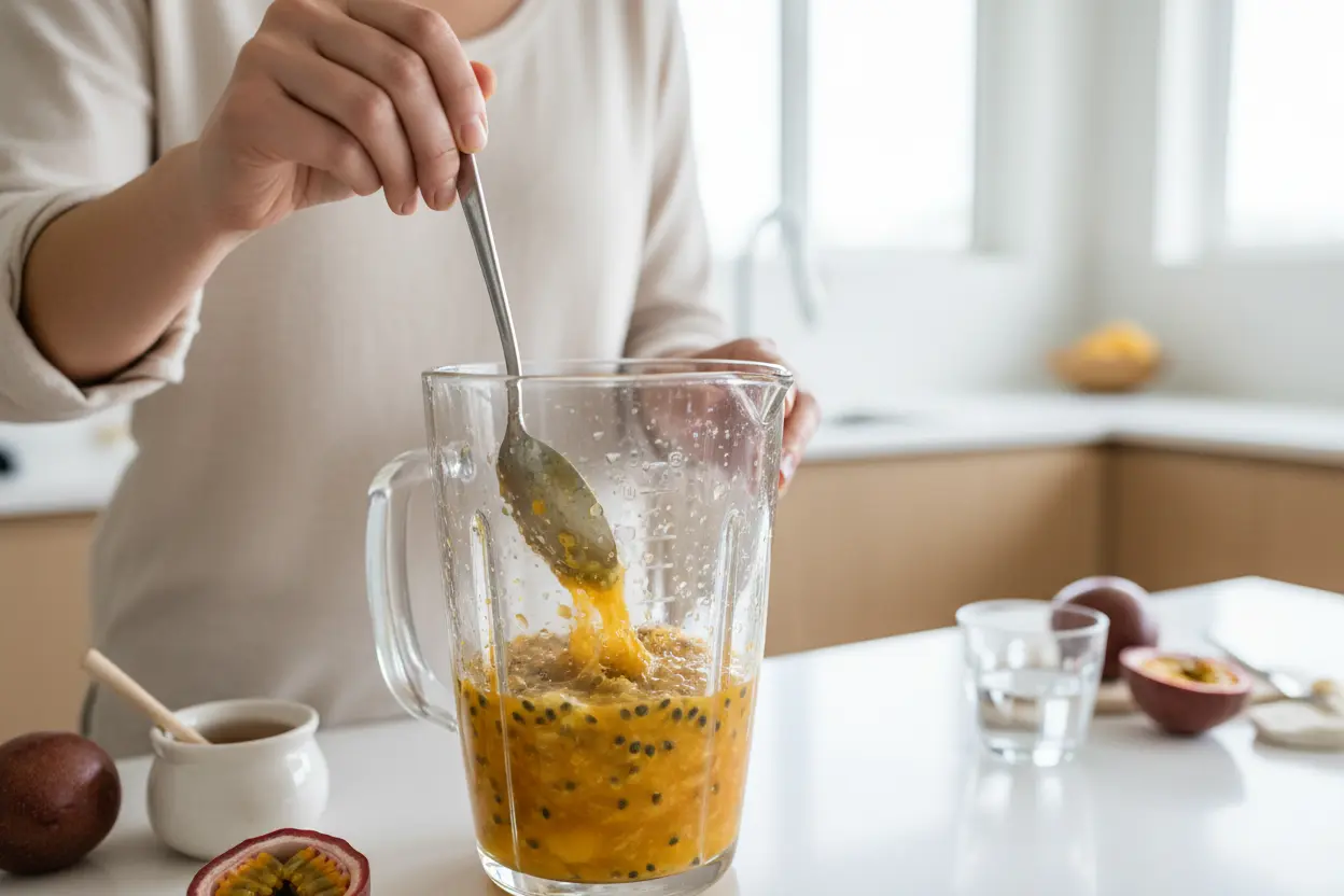 Mãos preparando a receita de suco para dormir melhor com maracujá em um liquidificador, com ingredientes frescos.