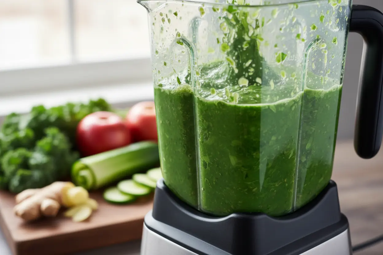 Liquidificador preparando o suco verde mais fácil para iniciantes sem amargura.