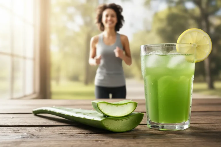 Mulher sorrindo com suco de babosa