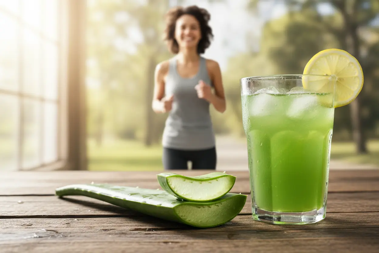 Mulher sorrindo com suco de babosa