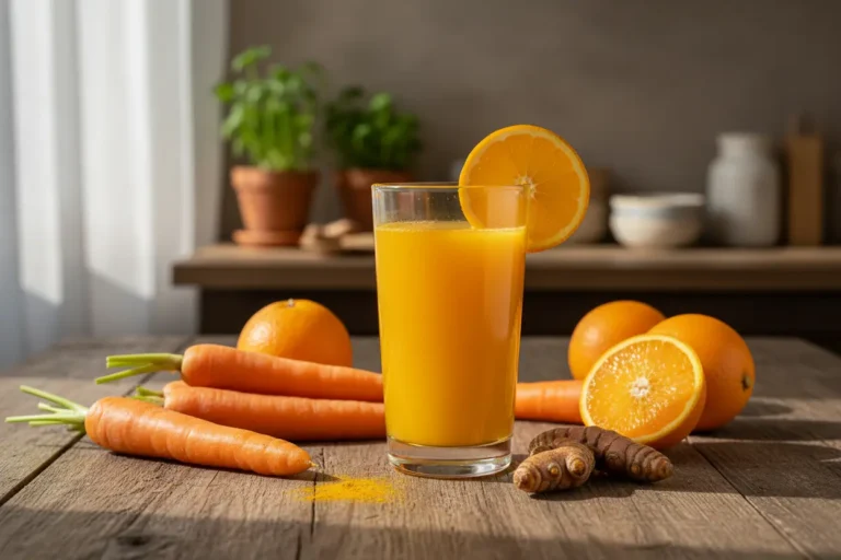 Receita de suco de cenoura com laranja e cúrcuma em um copo, com ingredientes frescos ao redor.