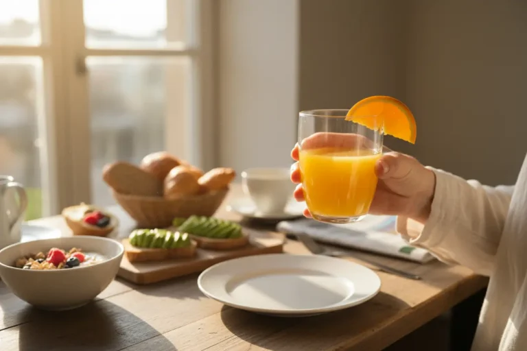 Mulher sorrindo tomando suco de laranja em jejum, preocupada se faz mal ao estômago.