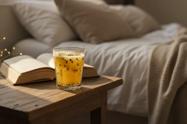 Um copo de suco de maracujá fresco, ideal como receita de suco para dormir melhor com maracujá, em uma mesa de cabeceira com iluminação suave.