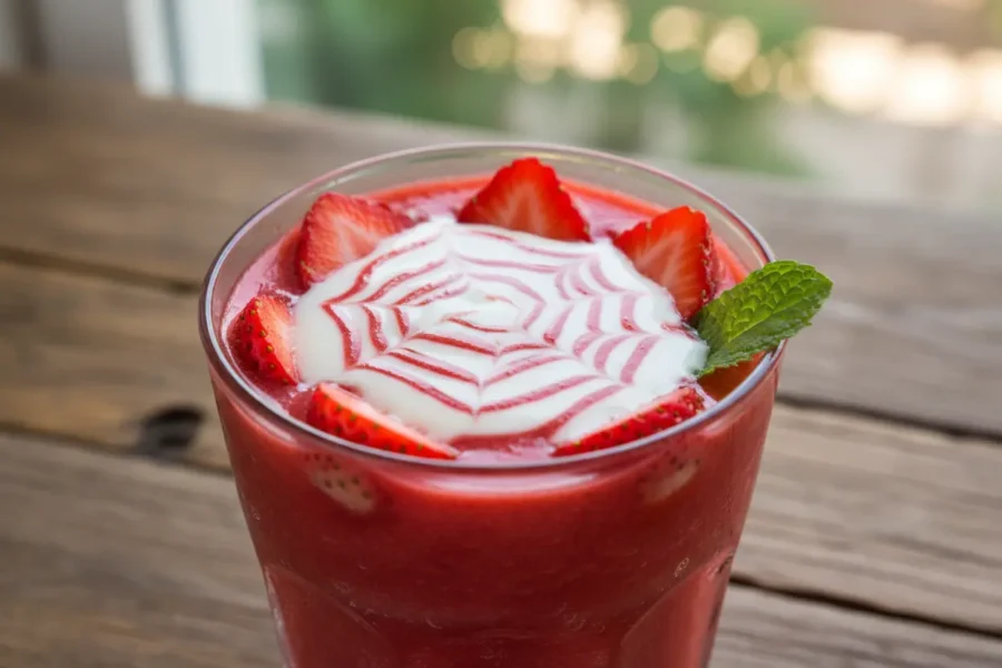 Suco de morango com leite condensado cremoso em copo de vidro.