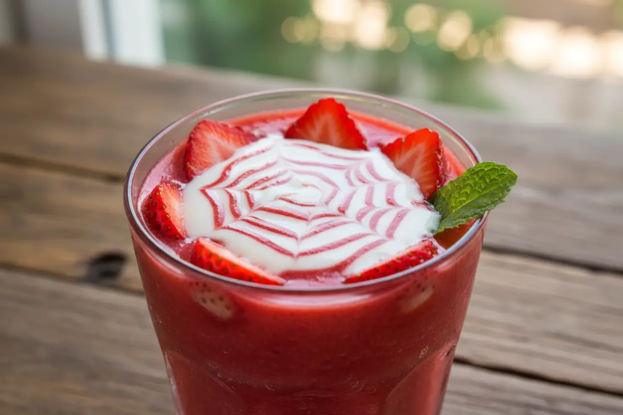 Suco de morango com leite condensado cremoso em copo de vidro.