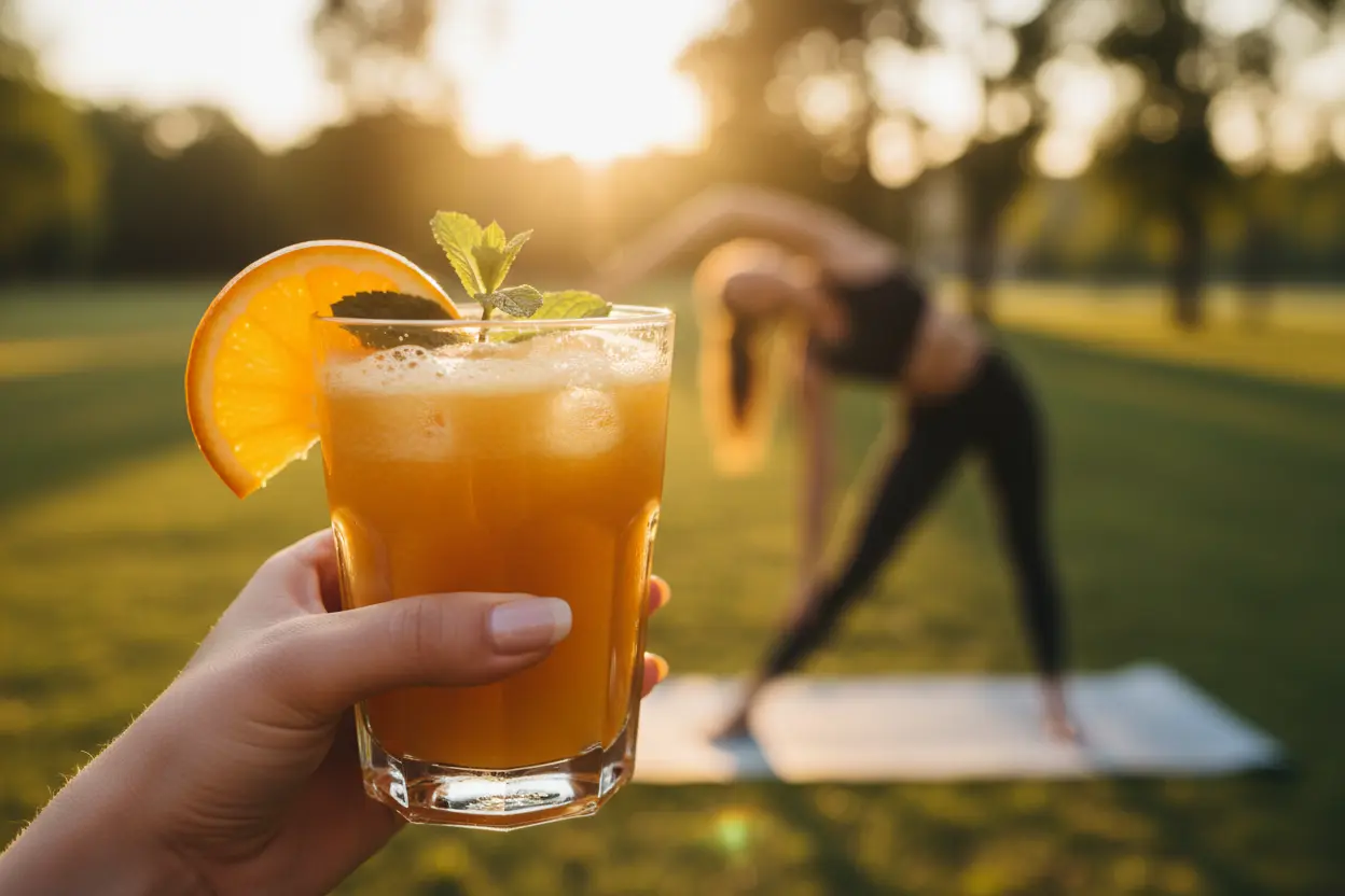 Mão segurando suco detox de laranja, perfeito para uma rotina de sucos saudáveis.