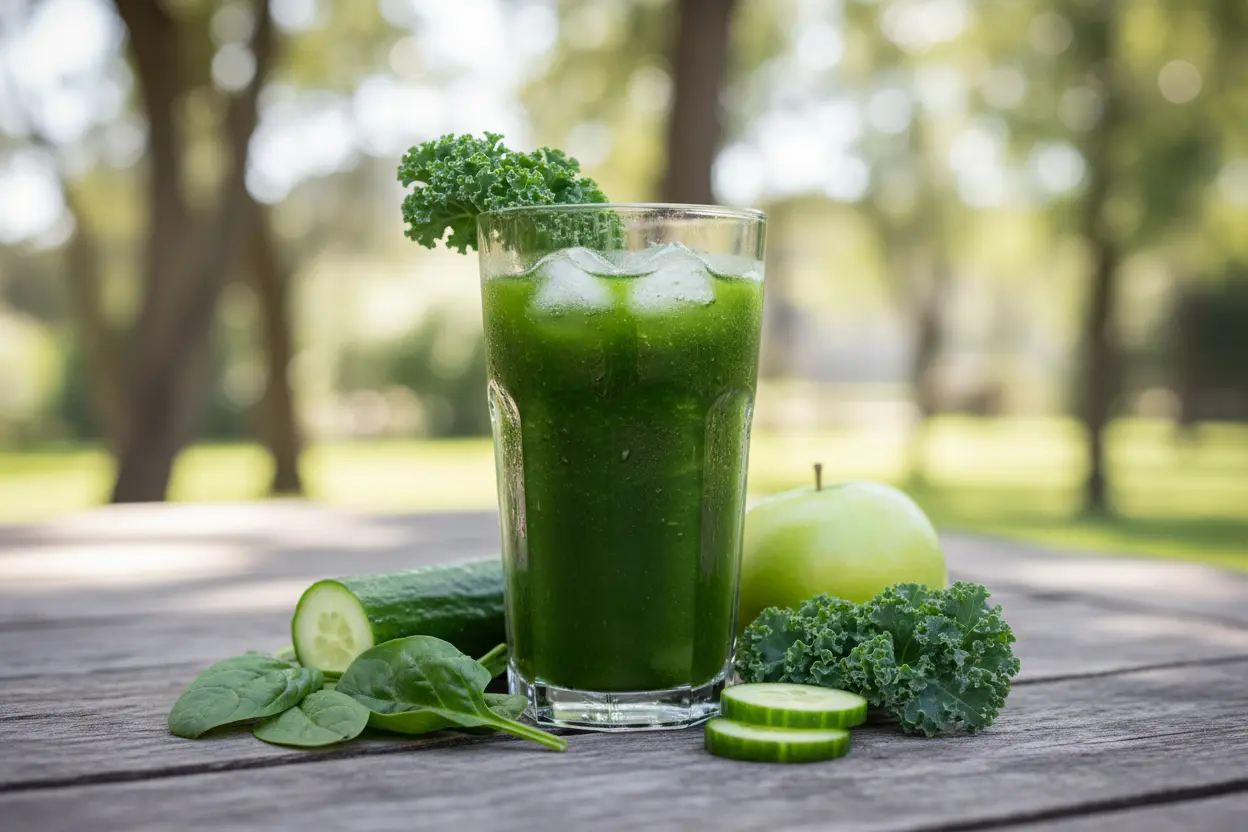 Suco de couve fresco e ingredientes naturais.