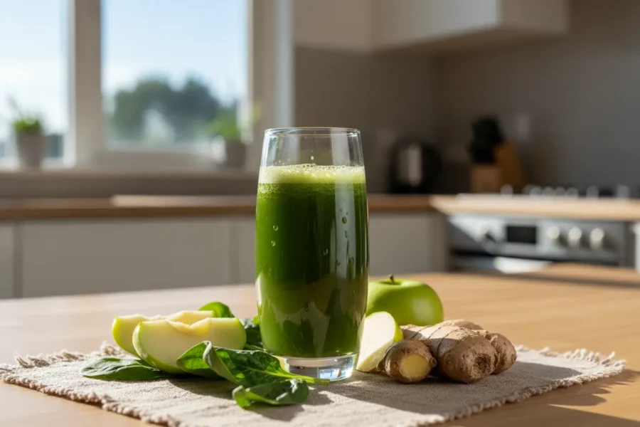 Suco verde mais fácil para iniciantes sem amargura em copo com ingredientes frescos.