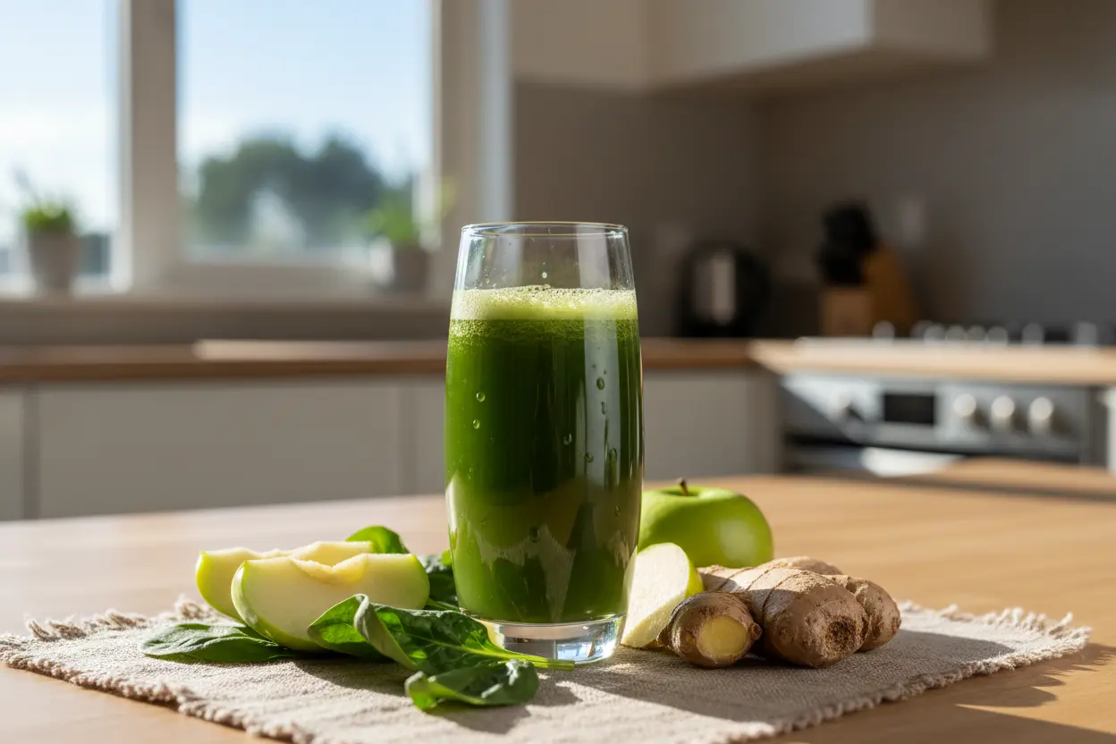 Suco verde mais fácil para iniciantes sem amargura em copo com ingredientes frescos.