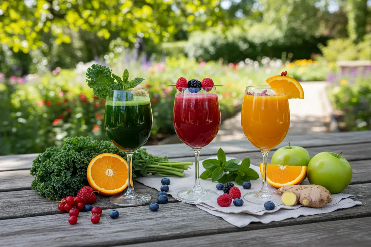 Três sucos detox coloridos com ingredientes frescos, ideais para uma rotina de sucos detox.