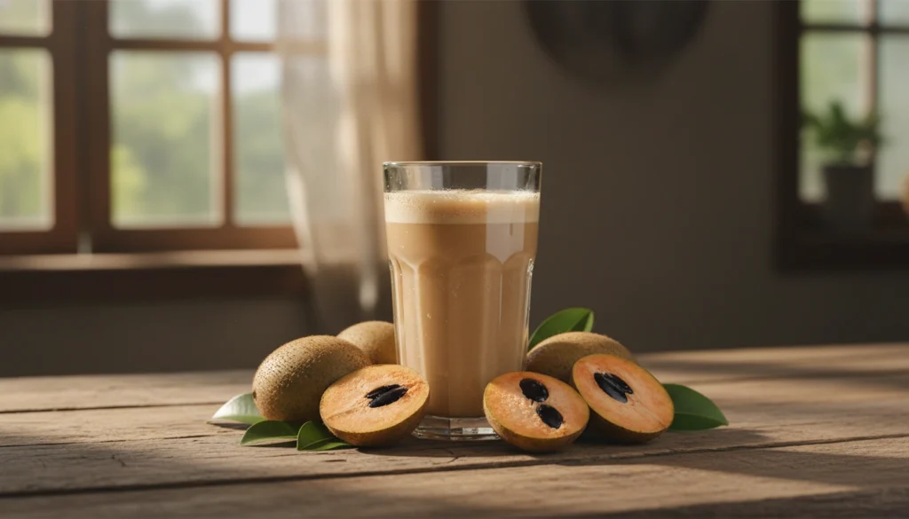 Copo de Suco de Sapoti fresco e cremoso em cima de uma mesa de madeira