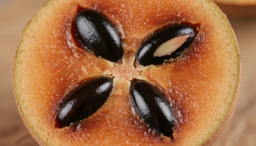 Fruta aberta mostrando a polpa para preparar Suco de Sapoti nutritivo