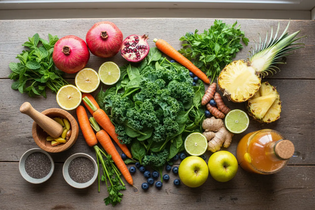 Ingredientes frescos para preparar o suco que aumenta a imunidade.
