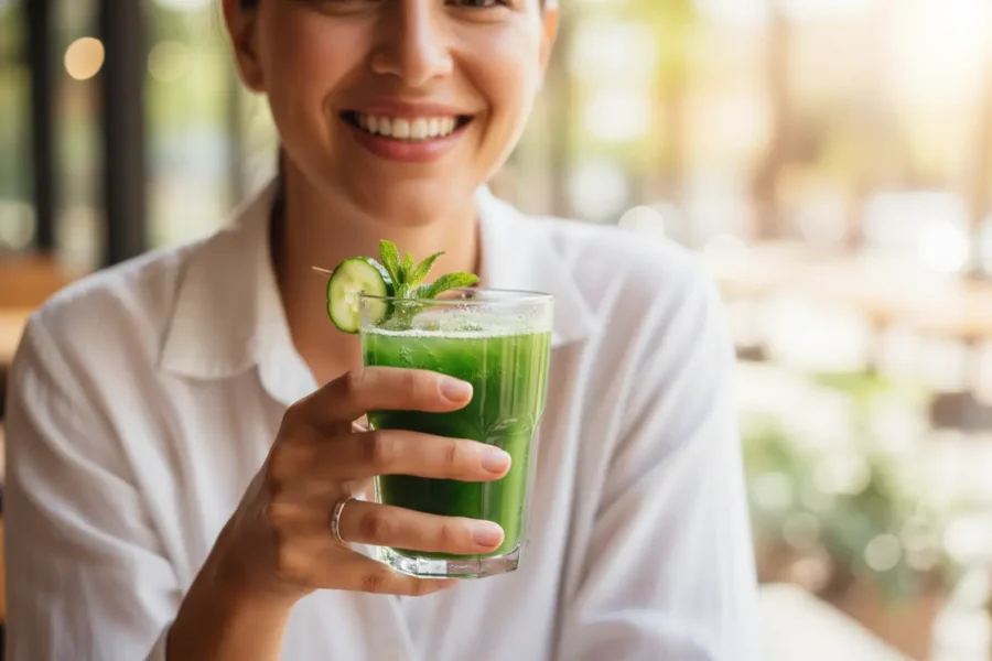mulher com suco detox e a fruta proibida para quem quer perder barriga