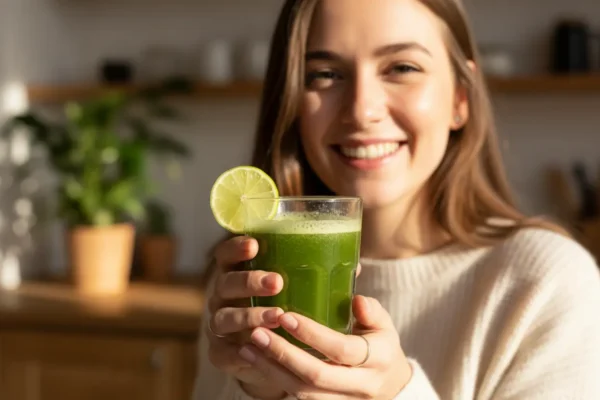 Mulher com suco para acabar com o cansaço