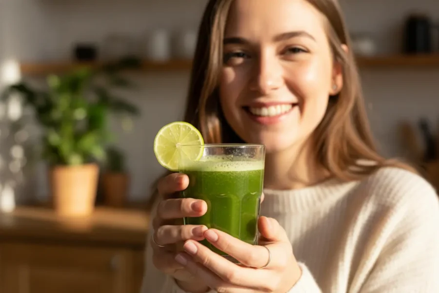 Mulher com suco para acabar com o cansaço