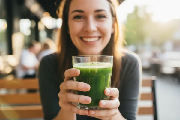 Um copo de suco que aumenta a imunidade sendo segurado por uma pessoa sorridente.
