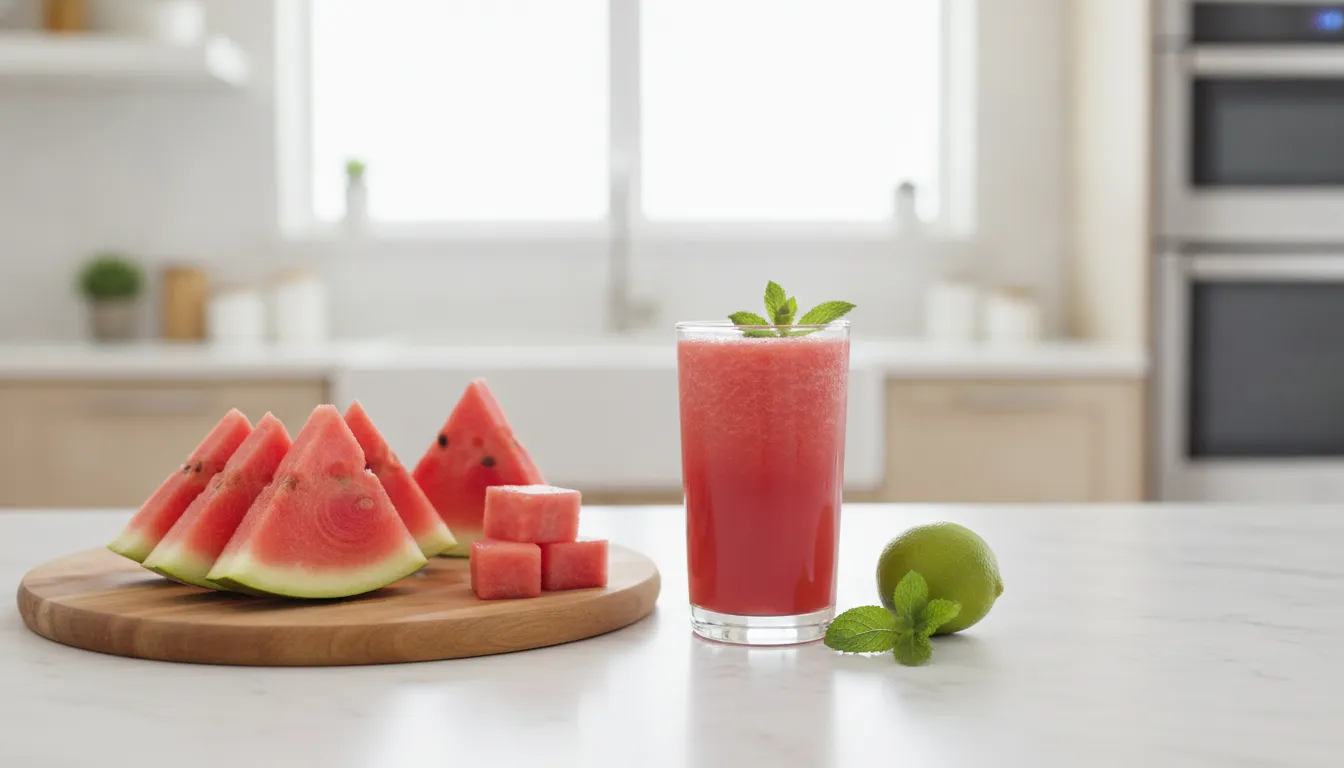 Copo de suco de melancia com hortelã ao lado de fatias da fruta sobre tábua de madeira na cozinha clara.